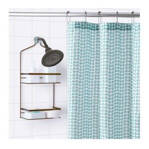Teal Geometric Shower Curtain Bath Mat Hooks Set